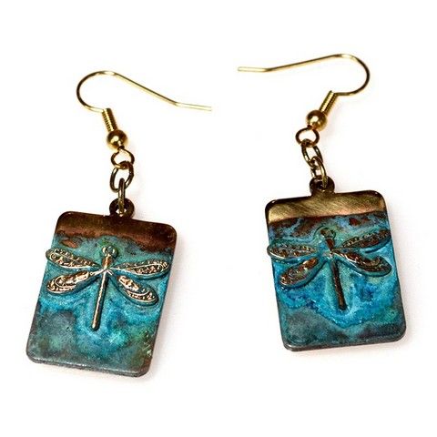 EC-003  Earrings Dragonfly On Rectangle Dangle $66 at Hunter Wolff Gallery